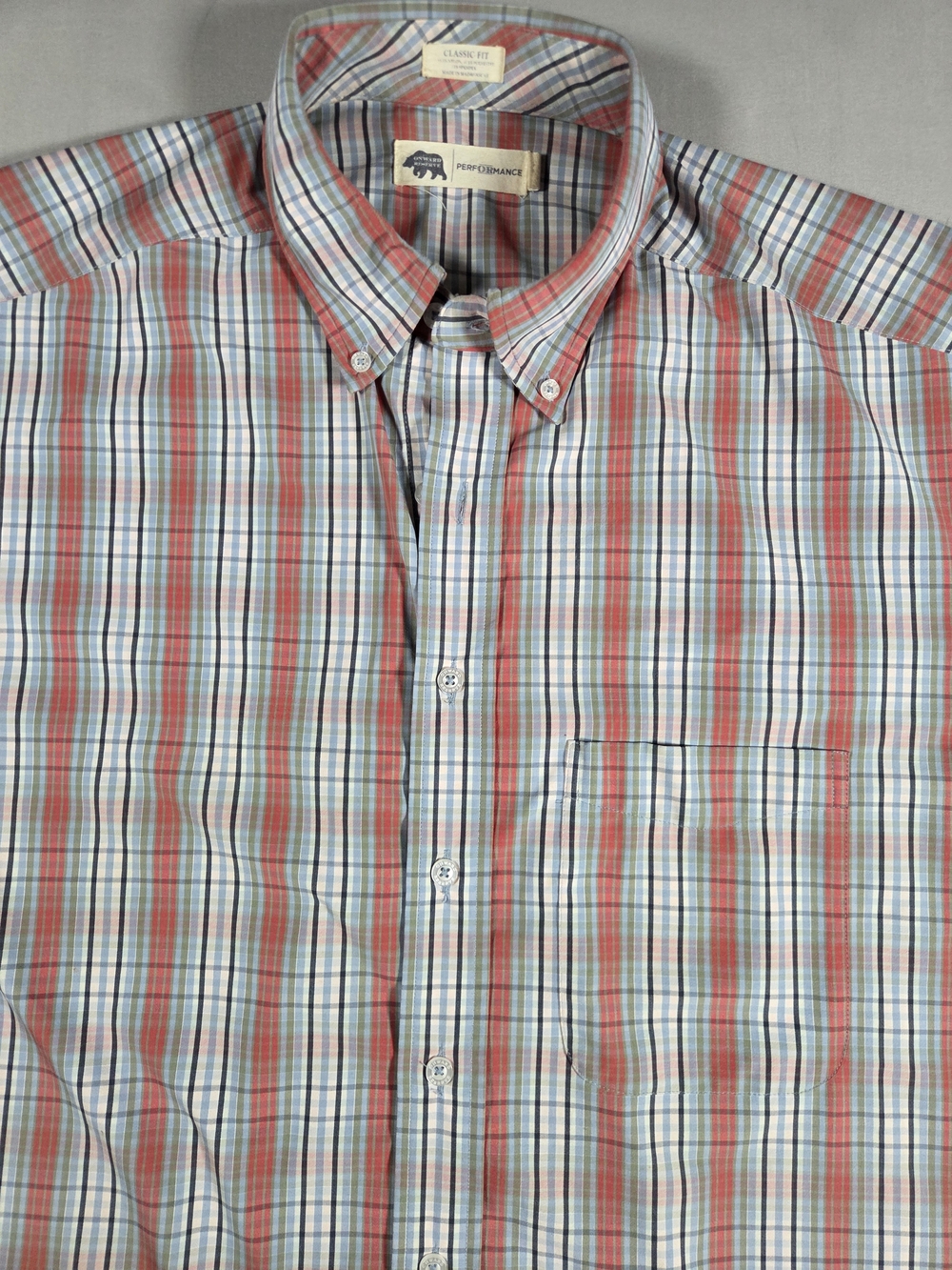 Onward Reserve Men's Performance Plaid Button-Down Shirt - Coral/Blue Size Large